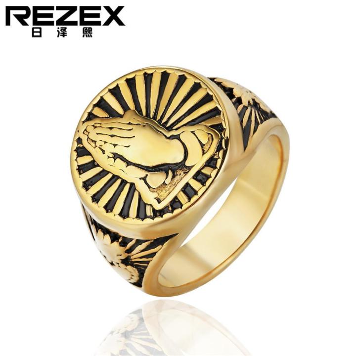 rezex-เครื่องประดับใหม่ย้อนยุคสวดมนต์เหล็กไทเทเนียมผู้ชายแหวน
