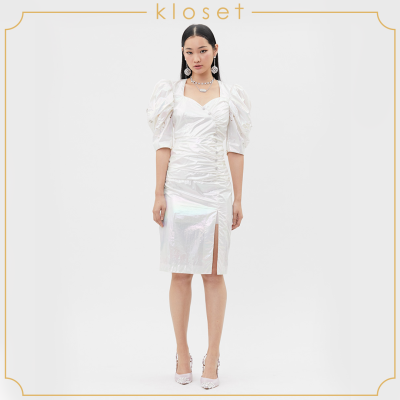 Kloset Alien Flower Side Slit Midi Dress (AW20-D008)เสื้อผ้าแฟชั่น เสื้อผ้าผู้หญิง เดรสแฟชั่น เดรสผ้าปัก เดรสผ้าเงา