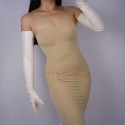 ถุงมือยางยาว Shine Leather Faux Patent PU 16 "40Cm Opera Beige Cream Ivory