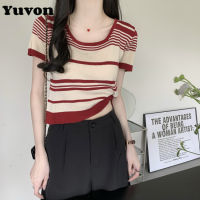 Yuvon Short Sleeve Ice Silk Knitted blouse Top Summer New Unique Design Sense Stripes chic Slim U-Neck T-shirt for Women