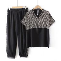 【มีไซส์ใหญ่】Plus Size Womens 2 Pieces Summer Sets Short Sleeve Printed Top + Elastic Waist Ankle Pants Casual Female SuitsTH