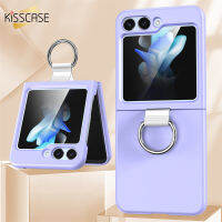 KISSCASE หรูหราพร้อมที่ใส่แหวนเคสโทรศัพท์เคลือบพับได้สำหรับ Samsung Galaxy Z Flip 5 4 3 5G สีทึบมีน้ำค้างแข็งผอมบางฮาร์ดพีซีกันกระแทกด้านหลังเคส Galaxy พลิก5 4 3