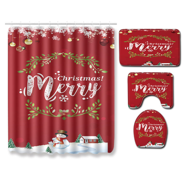 christmas-style-bath-mat-shower-curtain-and-mechanical-wash-non-slip-for-bathroom-floor-absorbent-carpet-set-4psc