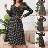 【Ladies shop】 Dot Print SplitFor Women FashionWinter V Neck FloralElegant Ladies RobeOffice Long Sleeve Vestidos