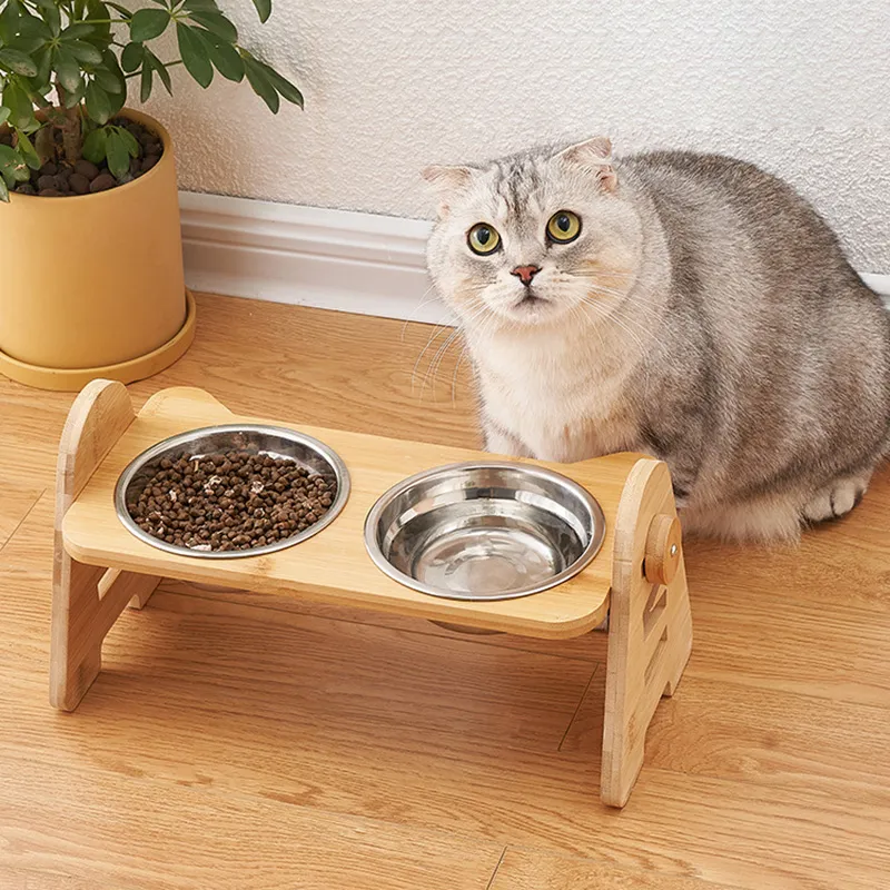 Bamboo Elevated Puppy Cat Bowls with Stand Adjustable RaisedCat Food Water Bowls  Holder Rabbit Feeder for Small Medium Pet