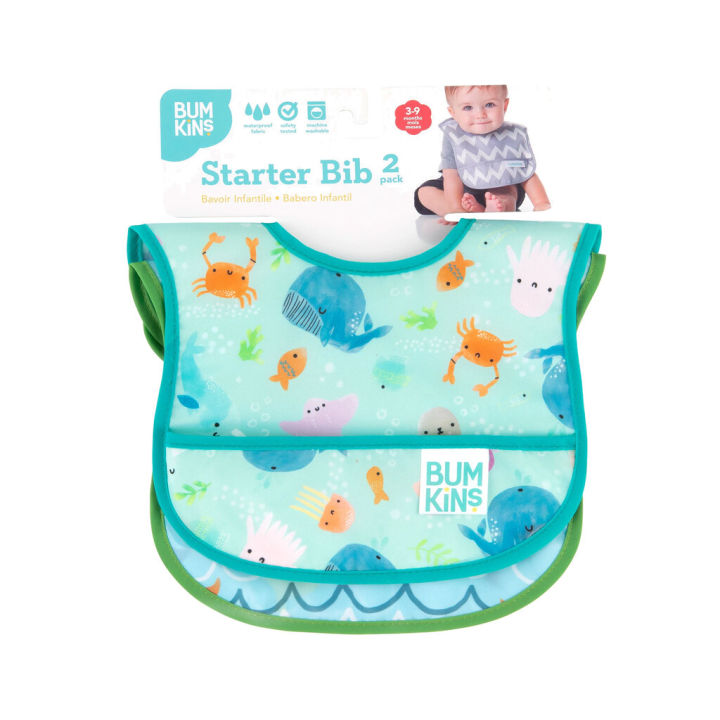 bumkins-ผ้ากันเปื้อน-starter-bib-2-pack-กันน้ำ-ซักเครื่องได้-เหมาะสำหรับเด็กอายุ-3-9-เดือน