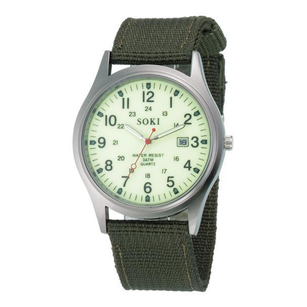 นาฬิกาข้อมือควอตซ์กีฬาสแตนเลสสายนาฬิกาผ้าใบวันที่ทหารทหารทหารผู้ชาย