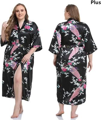{Xiaoli clothing} สีดำพิมพ์ดอกไม้เสื้อคลุมยาว Nightgown ฤดูใบไม้ผลิฤดูXiaoli clothingครึ่งแขนกิโมโนเสื้อคลุมอาบน้ำชุดผู้หญิงเซ็กซี่เรยอนบ้านชุด Loungewear