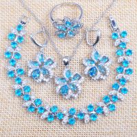 For Women Wedding Custom Jewelry Sets Flower Blue Zirconia Accessories celet Necklace Earrings Ring Set Free Shipping YZ0531