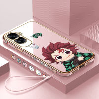 ไม้ถูพื้นเคสสำหรับ Honor 90 5G 90 Lite 5G ฟรีสายคล้องการ์ตูนอะนิเมะสังหารปีศาจ Tanjirou เคสลายขอบสี่เหลี่ยมชุบเคสโทรศัพท์หรูหราเคสโทรศัพท์นิ่ม