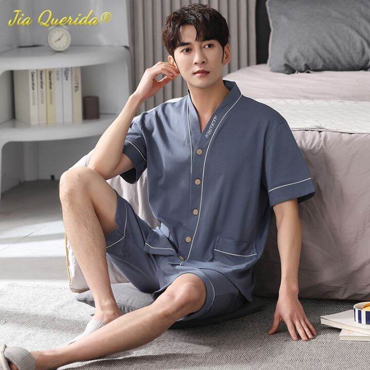 sukae-men-nightwear-home-clothing-summer-shorts-two-pieces-cotton-big-size-3xl-4xl-pajama-v-neck-japanese-kimono-pjs-sleepwear