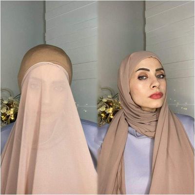 【YF】 2021 Bubble Heavy Chiffon Hijab With Bonnet Elastic Rope Free Use Style Solider Color Shawls For Muslim Women