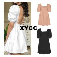 XYCC แขนพองชุดเดรสหน้าร้อนสำหรับผู้หญิง,S-2XL แฟชั่นสีขาวหรูหราเปิดหลังวันหยุดชายหาดปาร์ตี้ลำลอง