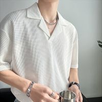 Ready❤ Ice Silk Mesh Cuban Collar Shirt Men Short Sleeve 2023 Light Mature Hair Stylist Street Wear Mens Design Waffle Shirt