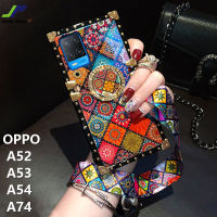 JieFie สำหรับ OPPO A52 OPPO A53 OPPO A54 / A57 / A58 / OPPO A74 / A76 / A77 / A77S / A78 Blu-Ray สไตล์ชาติพันธุ์เคสโทรศัพท์ Luxury Square กันกระแทกฝาหลัง + ขาตั้งโทรศัพท์และเชือกเส้นเล็ก