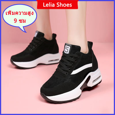 แฟชั่นรองเท้าเวดจ์สำหรับผู้หญิงที่เพิ่มความสูง 9 เซนติเมตรสบายๆเกาหลีรองเท้าสีดำสีขาวรองเท้าผ้าใบเวดจ์ 34-40