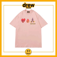 เสื้อยืดผ้าฝ้ายแขนสั้นผ้าคอตตอนทรงหลวมแบรนด์ Dre Smiley Face Love Flame