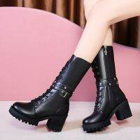 35-41 Womens Fashion Mid-calf Boots, Cool Black High-heeled Motorcycle Boots with Zipper