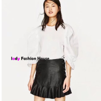 2022 luxury high quality European and American style street handsome side lace up skirt PU leather skirt high waist slim a skirt