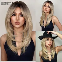 HENRY MARGU Black to Blonde Omber Synthetic Wigs with Bangs Natural Long Layered Wave Wig for Women Party Cosplay Heat Resistant Wig  Hair Extensions