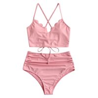 [Ladymiss] Women y Scalloped Lace-up Ruched Tankini Swimsuit Swimsuit Beachwear