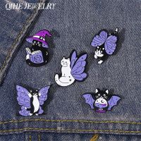 Witch Enamel Pin Punk Black White Cat Brooch Magic Hat Badge Book Wings Lapel Animal Goth Halloween Purple Crystal Jewelry Gift