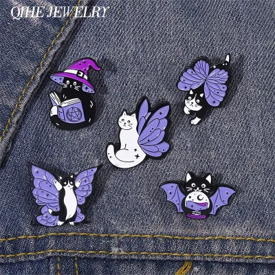 Witch Enamel Pin Punk Black White Cat Brooch Magic Hat Badge Book Wings Lapel Animal Goth Halloween Purple Crystal Jewelry Gift
