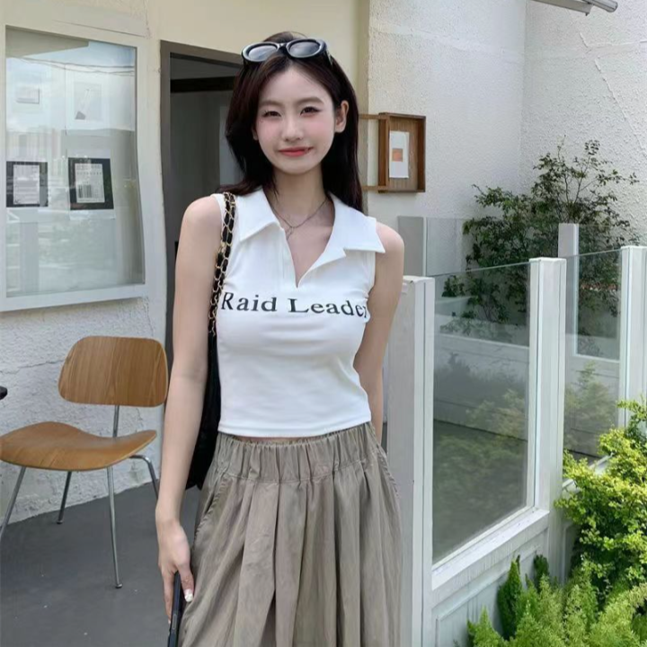 april-sunny-เสื้อเชิ้ตโปโลสีขาวผู้หญิงแขนกุดตัวอักษรบางท็อปส์แฟชั่นสไตล์เกาหลีถัง-y2k-หญิง