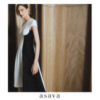 [asava aw22] Angelina two tone A-line dress เดรส อาซาว่า ตัดต่อผ้าสองสี แขนสั้น กระโปรงบาน ซิปหลัง