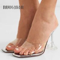 ◐ Summer Women Pumps Silver PVC Jelly Slippers Open Toe High Heels Women Transparent Perspex Slippers Shoes Heel Clear Sandals