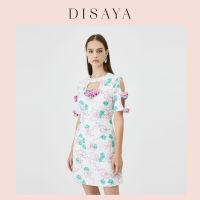 [DISAYA] - Print Ribbon Heart Cut-out Mini Dress ชุดมินิเดรสลายปริ้นท์Ribbon ดีเทลตัดต่อหัวใจ