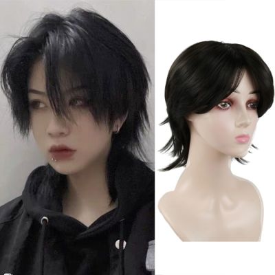 【jw】❦ Men Anime Synthetic Mullet Wig Short Straight Headband Hair Temperature With Bangs Fringe