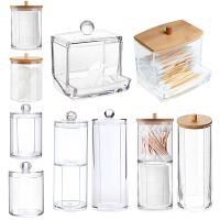 Bamboo Makeup Cotton Swabs Transparent Box Organizer Cosmetics Cotton Pads Holder Plastic Qtip container Bathroom organizer