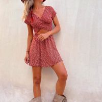 Women Geometry Print Dress A Line Mini Dresses Hollow Out V-Neck Two Sides Wearing Short Sleeve Sexy Casual Summer Retro