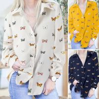 CELMIA Women Long Sleeve Butterfly Print Lapel Elegant Casual Office Shirt