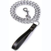 Chain Dog Leash with Leather Handle Heavy Duty Dog Leash Chew Proof Metal Dog Leash Dog Chain for Medium Large Dogs 120cm/4FT