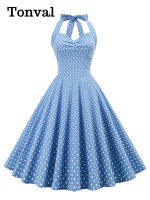 KKTonval Polka Dot 50S สไตล์ Rockabilly Vintage ชุดเซ็กซี่สำหรับผู้หญิง Blue Halter Lace-Up Back Party Backless Corset Dressq11