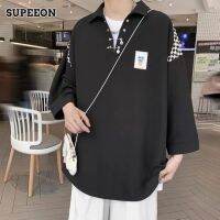 SUPEEON丨นขาเสื้อโปโลแขนสั้นของผู้ชาย,เสื้อแบบหลวมแขนเจ็ดจุดดีไซน์เทรนด์