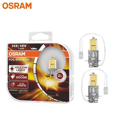 OSRAM Halogen Fog Lamp H3 Fog Breaker Auto Headlight Yellow Color Car Bulb 60 More Bright 62151FBR 12V 55W 2600K (2X)