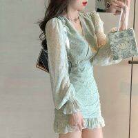 COD DSTGRTYTRUYUY Summer light green chiffon floral v-neck mini waist long-sleeve package hip fishtail dress