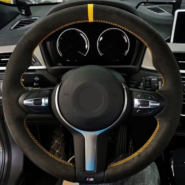 car-steering-wheel-cover-black-suede-yellow-marker-for-bmw-f87-m2-f80-m3-f82-m4-m5-f12-f13-m6-f85-x5-m-f86-x6-m-f33-f30-m-sport