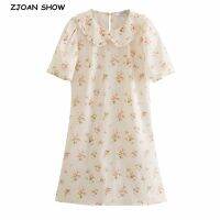 Spring Women Spliced Wood ear Lapel Collar Floral Print Dress Beige Sexy Ladies A line Short Sleeve Dresses