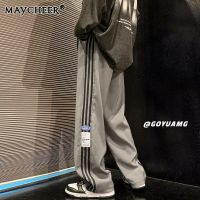 MAYCHEER กางเกงขายาวผู้ชายกางเกงขายาวทรงหลวมตรงกางเกงลำลองลายทางกางเกงกีฬาขากว้างขนาดใหญ่