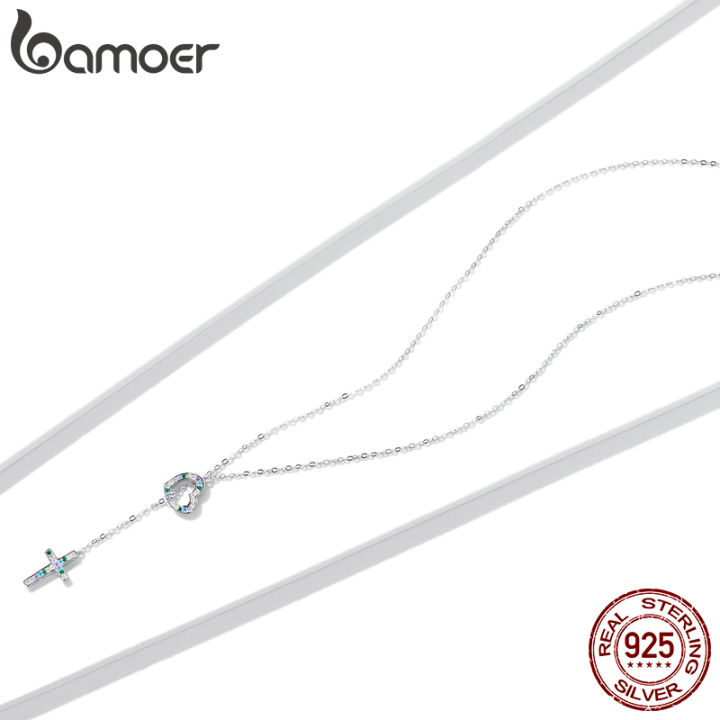 bamoer-สร้อยคอจี้หัวใจและกางเขนเงินแท้925สำหรับผู้หญิงสร้อยคอล็อคเซอร์โคเนียมสีเครื่องประดับชุบทองคำขาว-bsn244th