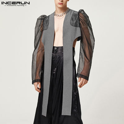 INCERUN เสื้อเสื้อแจ็คเก็ตแขนพัฟสำหรับผู้ชายเสื้อครอปเปิดด้านหน้าเสื้อคาร์ดิแกนงานปาร์ตี้ดูผ่านเสื้อเชิ้ต (สไตล์ตะวันตก)