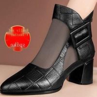 COD dsdgfhgfsdsss READY STOCK 2022 Spring And Summer New Real Soft Leather Mesh Boots Women S Hollow Toe Cap Sandals Thick Heel Mid Fashi