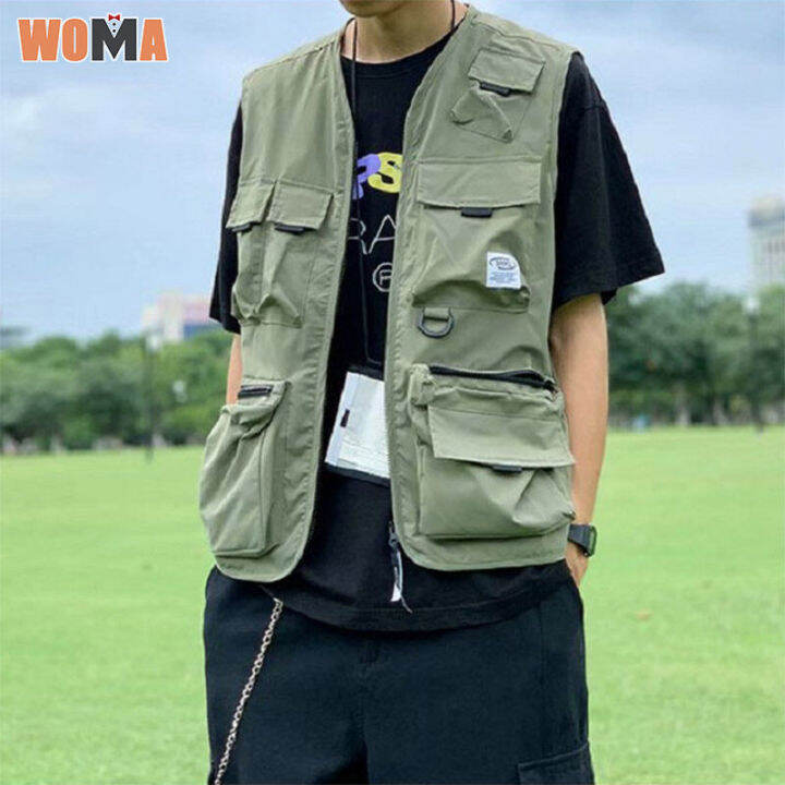 ⚡Miễn Phí Vận Chuyển⚡Woma Áo Vest Nam Có Túi Lớn Áo Khoác Không Tay Cổ Chữ  V Nhiều Túi Có Khóa Kéo | Lazada.Vn