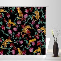 Leopard Shower Curtains Wildlife Tiger Cheetah Abstract Floral Vintage Asian Watercolor Jungle Animals Bathroom Decor with Hooks