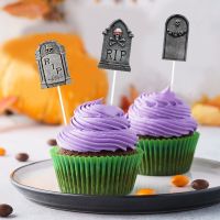 24pcs Halloween Cupcake Toppers Tombstone Graveyard Cake Toppers Cupcake Picks for Halloween Cupcake Decoration Horror