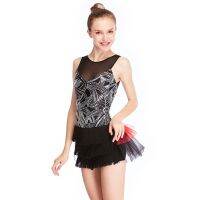 MiDee Jazz Dance Costume Illusion Wide V-Neck Tank Top Biketard With Geometric Pattern Sequins